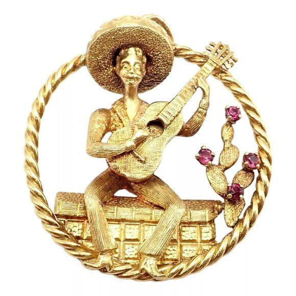 Authentic! Rudi Cherny 18k Yellow Gold Guitar Player Cactus Ruby Pendant - Picture 1 of 13